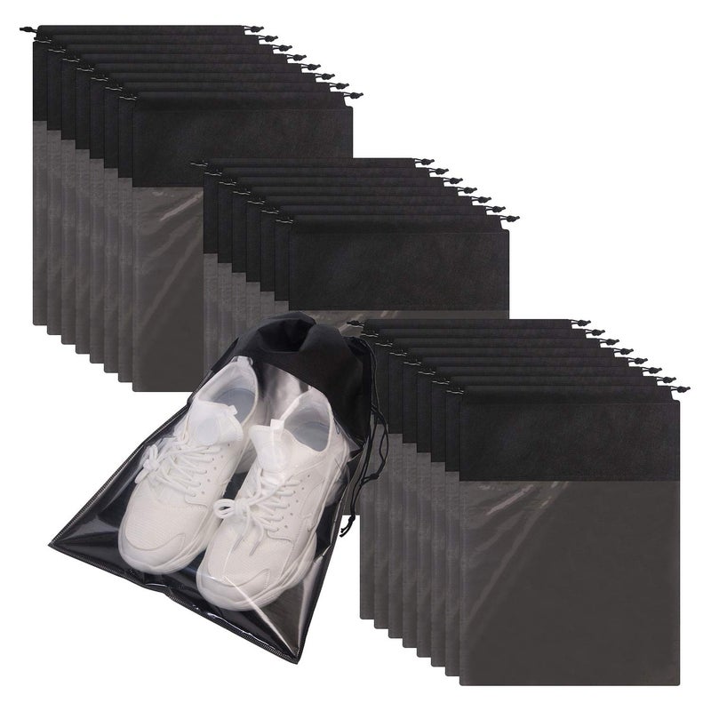 TENABORT 24 Pack Portable Shoe Bags for Travel Large Shoes Pouch Storage Organizer Clear Window with Drawstring for Men and Women Black - Image 1